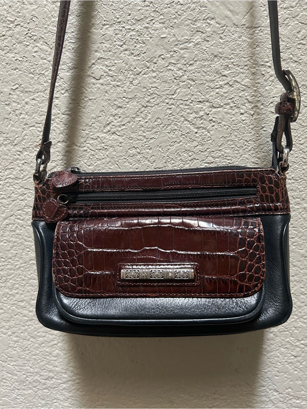 Vintage Brighton Black & Brown Croc-Embossed Leather Crossbody Organizer Bag